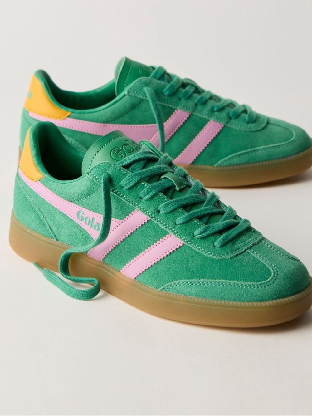 Gola Green Suede Sneakers with Pink Stripes and Yellow Heel